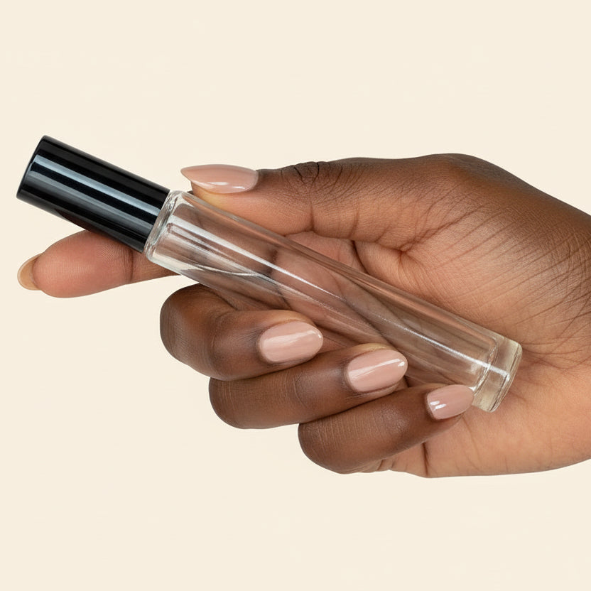 10ml Roll-on Bottles Wholesale - Round Tall Bottle + Black Top - Packamor