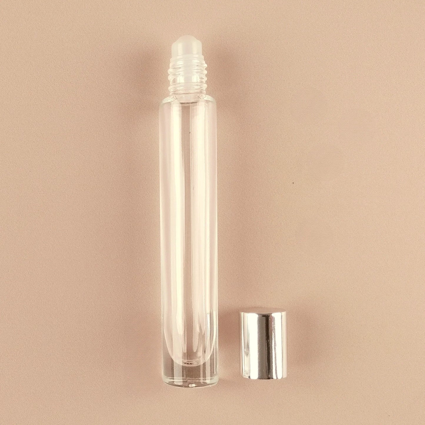 10ml Roll-on Bottles Wholesale - Round Tall Bottle + Silver Top - Packamor
