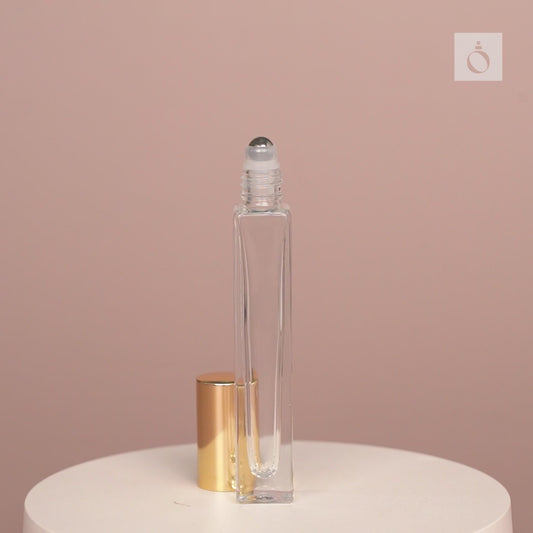10ml Roll-on Bottles Wholesale - Square Tall Bottle + Gold Top - Packamor