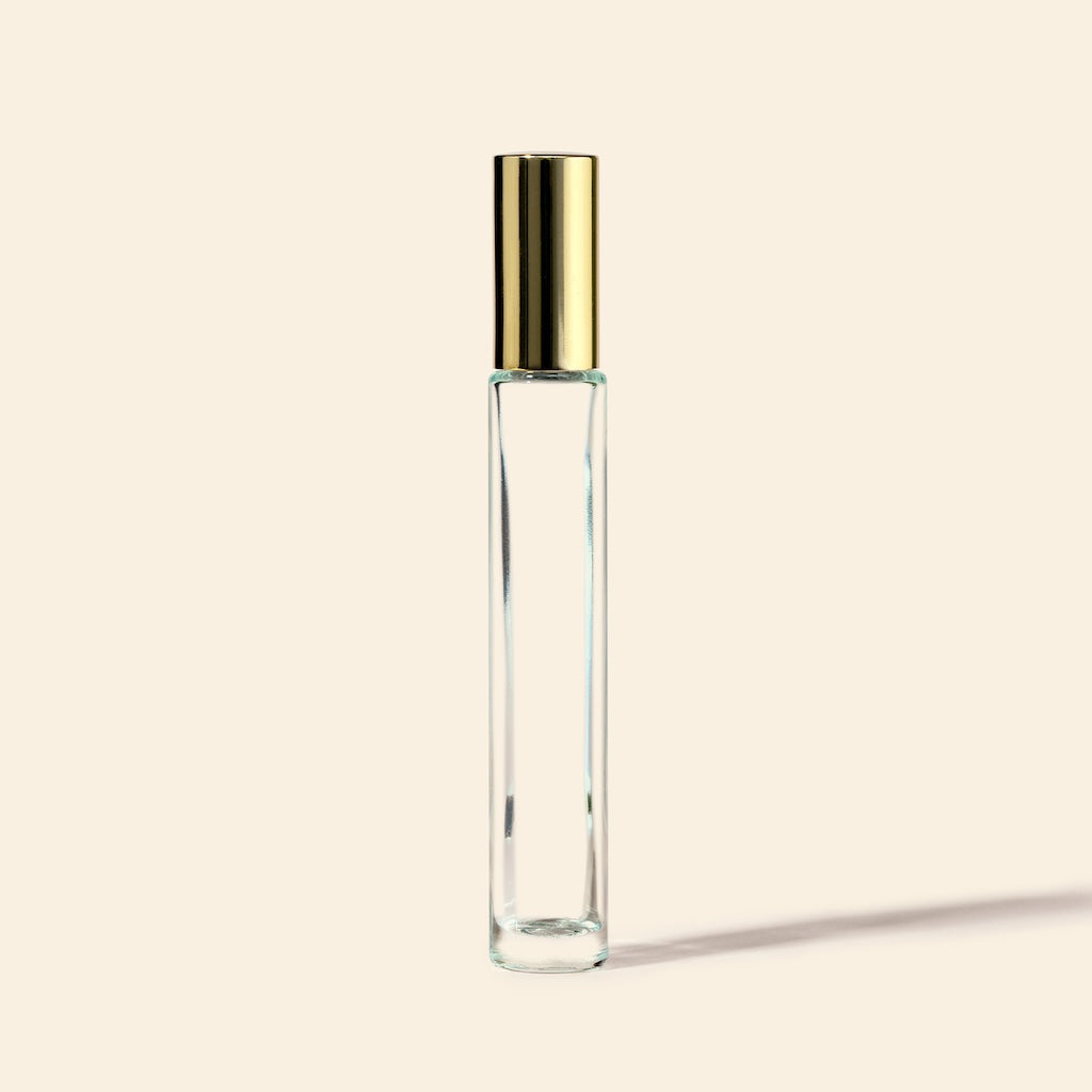 10ml Tall Roll-on Bottles - Clear Glass, Refillable Roller Bottles for Perfumes and Essential Oils, Metal Gold Cap, Steel Roller Ball
