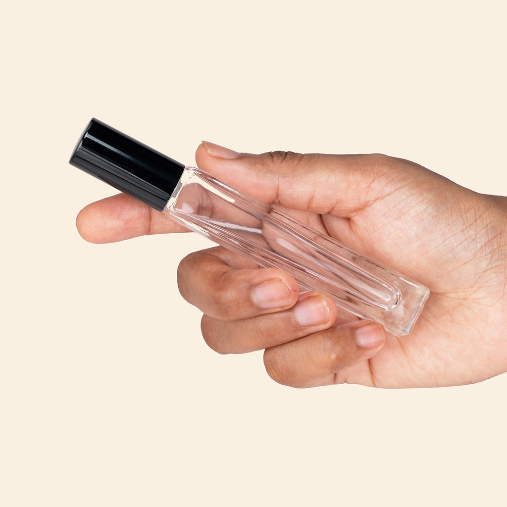10ml Square Tall Roll-on Bottles - Clear Glass, Refillable Roller Bottles for Perfumes and Essential Oils, Metal Black Cap, Steel Roller Ball
