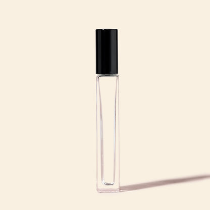 10ml Square Tall Roll-on Bottles - Clear Glass, Refillable Roller Bottles for Perfumes and Essential Oils, Metal Black Cap, Steel Roller Ball