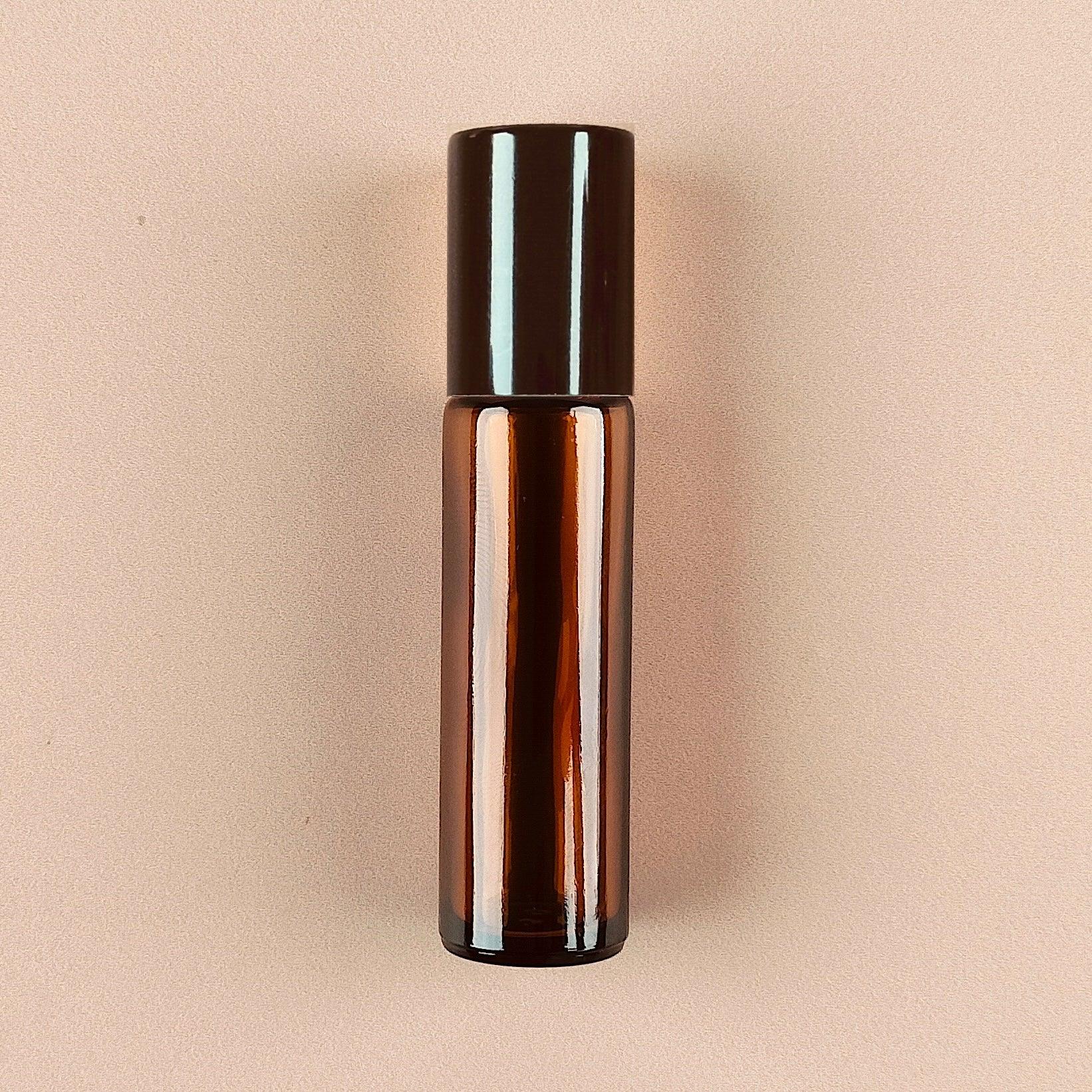 10ml Amber Roll-on Bottles Black Cap - Refillable Roller Bottles for Essential Oils and Perfumes, Steel Roller Ball - Packamor