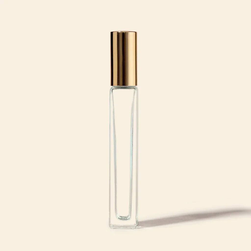10ml Roll-on Bottles Wholesale - Square Tall Bottle + Gold Top - Packamor