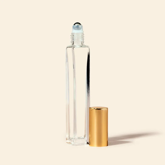 10ml Roll-on Bottles Wholesale - Square Tall Bottle + Gold Top - Packamor