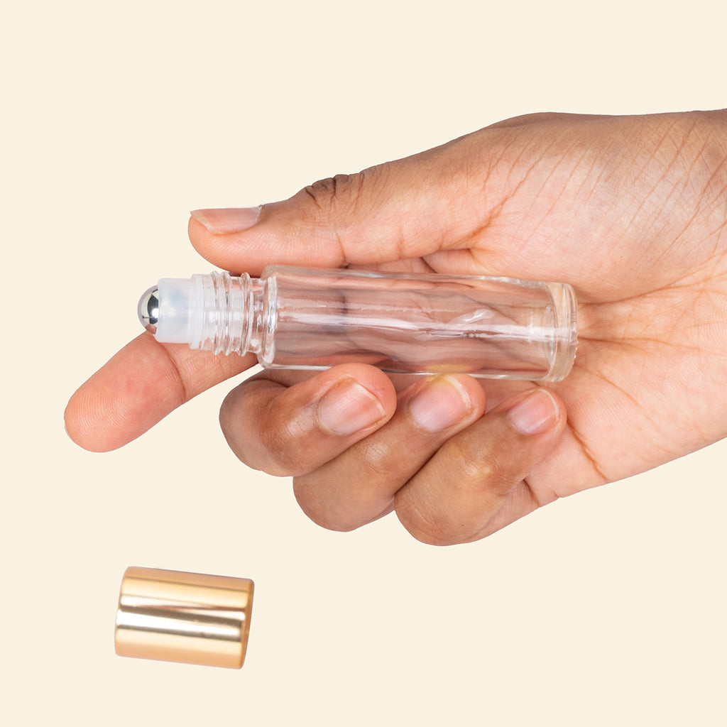 10ml/0.34oz Roll-on bottles - Round, Clear Refillable Glass Empty Roller bottles for Essential Oil Perfumes Aromatherapy Metal Gold Top, Steel Roller Ball