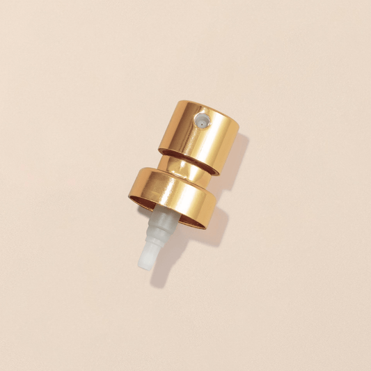 Wholesale Perfume Fine Mist Spray Pump, Glossy Gold, 100mcl/0.1cc, FEA 15, Crimp Type (with step collar) - Packamor