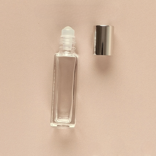 8ml Square Roll-on Bottles - Clear Glass, Refillable Roller Bottles for Essential Oils and Perfumes, Metal Silver Cap, Glass Roller Ball