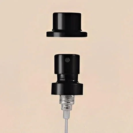 Perfume Bottle Spray - Black Wholesale Pump for Perfume Tops, Black Metal, 100mcl/0.1cc, FEA 15, Crimp Type (with step collar) - Packamor